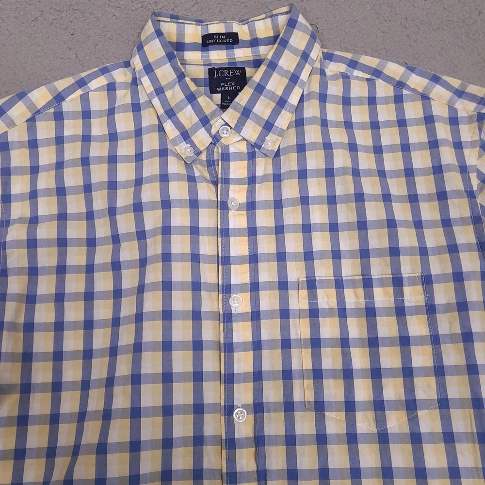 J Crew Shirt Mens Large Blue Yellow White Slim Untucked Flex Washed Preppy